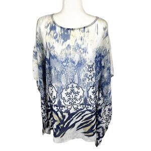 Chico's Blouse Women Small / Medium Blue White Coverup Semi Sheer Poncho